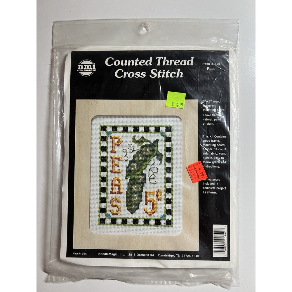 VTG NMI NeedleMagic PEAS #938 Counted Cross Stitch Kit W/Wood Frame 5" X 7"